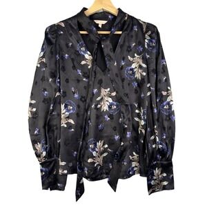 Rebecca Taylor Violet Floral Blouse shirt Black Size 8 tie neck Silk Blend satin